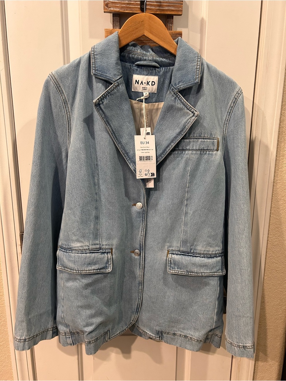 NA-KD Light Blue Denim Jacket Blazer Loose Fit Satin Lined Organic Cotton Medium
